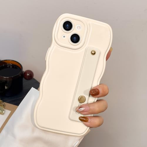 LAPOPNUT for iPhone 15 Case, Wavy Frame Soft Silicone, White | Adjustable Strap Kickstand Finger Holder,Curly Aesthetic Girly Design, Cute Phone Cover for Women Girls, Camera Protection