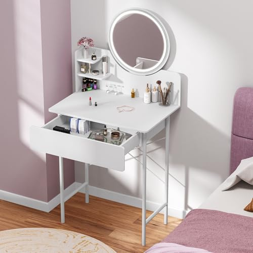 OSKOPWRC Kleiner Schminktisch, weiß, mit LED-beleuchtetem Spiegel, Schminktisch, Schublade, offene Regale, verstellbare Helligkeit, elegant für Frauen, klein, weiß