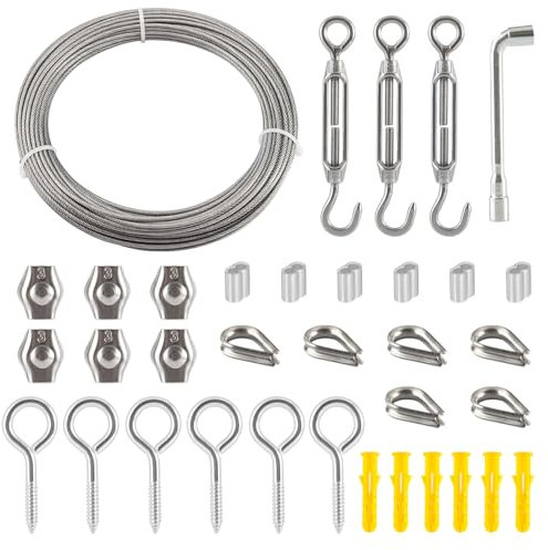20M Drahtseil, Stahlseil 2mm, Drahtseil Edelstahl Set, Stahlseil PVC Ummantelt, mit Seilspanngarnitur, für Kletterpflanzen, String Light Suspension, Gardinenseil, Wäscheleine