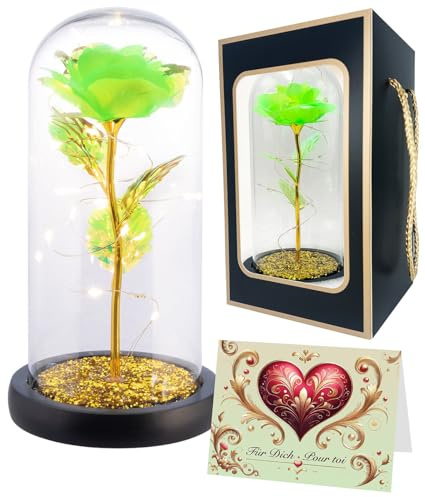 Lunartec Kunstblumen Deko: Ewige Rose unter Glas mit LED-Licht, grün, 21,5 cm, in Geschenktasche (Romantisches Geschenk, Goldene Rose, Gold)