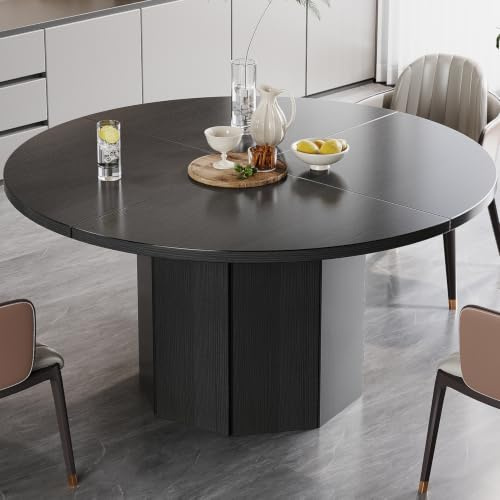 HSH Black Round Dining Table, Modern Dinner Table only for 4-6 People, Modern Circle Kitchen Table for Home Living Room, Wood and Metal Dining Room Desk with Octagon Base, Black Oak, 120 cm