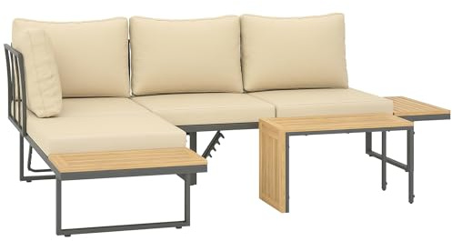 Outsunny Conjunto de Muebles Jardín Exterior Sofás de Exterior en Forma de L Tumbona con 2 Sofás de 3 Plazas Asiento Ajustable y Mesa de Madera de Acacia Versátil con Cojines Beige y Gris