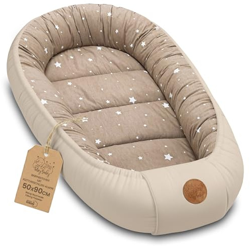 Mjukt Babynäste för Nyfödd – bekvämt bärbart gosigt och ombonat – mysigt fint i Spjälsäng Barnsäng Vagga Barnvagn och Resa fin Present Pojke Flicka 90x50 cm Beige med vita stjärnor