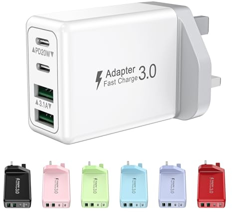 USB C Plug Fast Charge, 40W 4-Port Multi USBC Plugs UK Dual PD Power Adapter +QC Multiport Wall Charger Head Mains Type C Fast Charging plug for iPhone 17 16 15 14 13 12 11 Pro Max Plus, Samsung, iPad