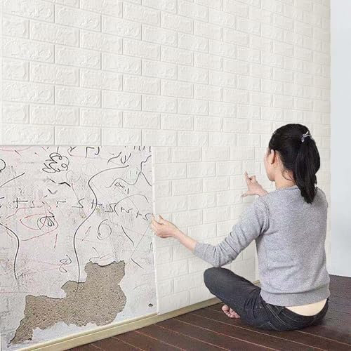 Swehooirt 77×70cm 3D White Brick Wallpaper, 10 PCS DIY Self Adhesive Wall Tiles Waterproof Masonry Effect Home Decoration Peel and Stick Wall Panels Wallpaper for Kitchen Bathroom Living Room