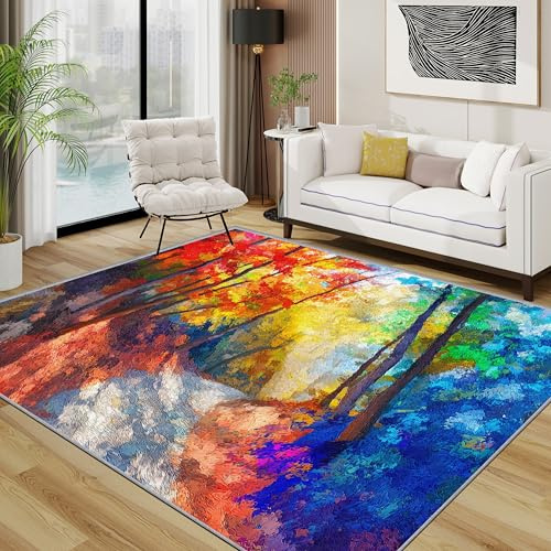 TerroVee Wald Teppich Schlafzimmer, Bunt Abstrakt Künstler Landschaft Teppich 120x170 cm, ölgemälde Waschbar Kurzflor Antirutsch Teppiche Für Wohnzimmer Schlafzimmer, Rot Gelb Blau
