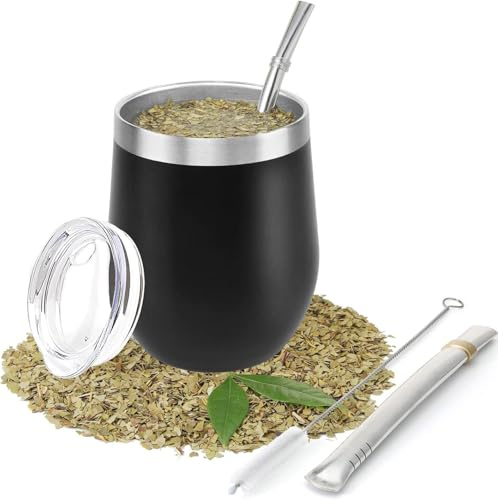 Zbozzba dubbelväggig, värmebeständig mate-tekopp i rostfritt stål med BPA-fritt lock, rengöringsborste och två sugrör (svart)