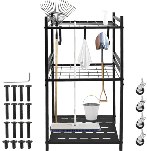 Garden Tool Organizer with 3 Hooks Heavy Duty Carbon Steel Yard Tool Tower Rack with Wheels Multi-Tier Shelving for and Hold Long-Handled Tools Rake Broom
