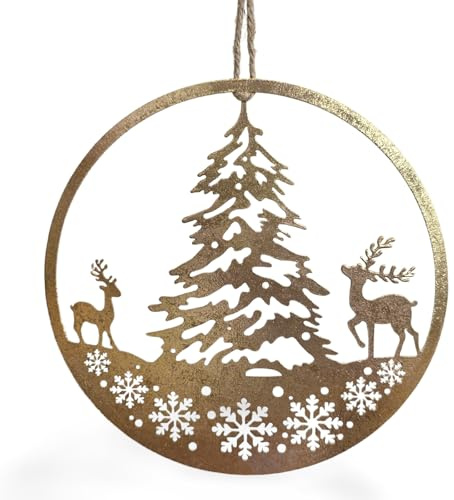 Metall Weihnachtsanhänger Gold 18 cm – flaches Fensterbild mit Rehen & Tannenbaum, glänzende Winterdeko zum Aufhängen – Logbuch-Verlag