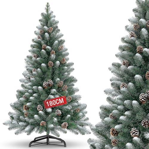 180cm Weihnachtsbaum Künstlich PVC mit Schnee-Effekt und Kiefernzapfen，Tannenbaum Künstlich mit Metallständer，Premium Nordmanntanne,Schwer Entflammbarer Christbaum für Weihnachten-Dekoration
