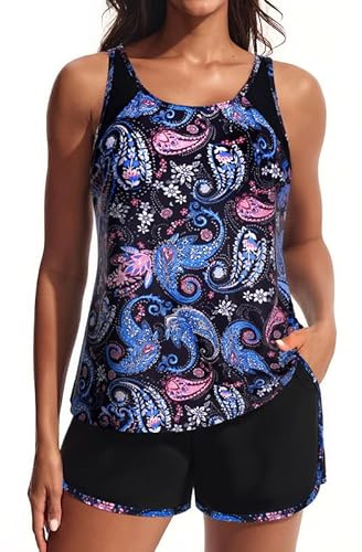 Hanna Nikole Tankini Damen Set Badeanzug Bauchweg Zweiteilig Push Up Eingearbeiteter BH Bademode und Eingearbeitetes Höschen High Waist Badeshorts Mit Taschen Verstellbare Schwimmanzug