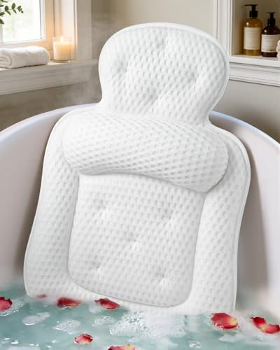 Bath Pillows for Tub, Comfortable Bathtub Cushion for Head and Neck with Soft 3D Mesh Fabric and 54 Non-Slip Suction Cups, Relaxing Tub and Shower Accessories Spa Gift White Extra Thick