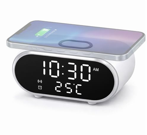 Digital Alarm Clock with Wireless Charging, Qi Compatible Bedside Clock with LED Display, USB-C Powered Phone Charging Stand for Bedroom, Office & Dorm