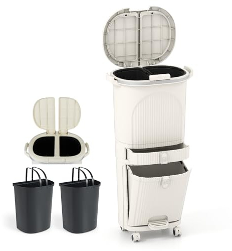 COSTWAY Cubo de Basura Cocina de 42L (12+12+14L), Papelera de Reciclaje con 3 Compartimentos, 2 Cubos Extraíbles, Pedal y Ruedas, Cubo Basura de Reciclaje con 2 Tapas Separadas, 43x29x82,5 cm (Beige)