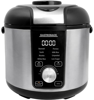 GASTROBACK Low Carb Reiskocher 3 Liter mit Dampfgarer 500 Watt - 8 Programme inkl Basmati Sushi Risotto Milchreis - Antihaft-Innentopf, Abschaltautomatik, Warmhaltefunktion, Dünsteinsatz