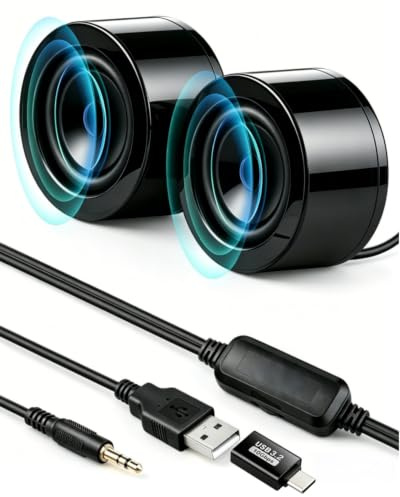 GELRHONR Minihögtalare med jackkontakt för PC, minihögtalare, USB-drift, självhäftande, med volymkontroll med bärbar dator, Raspberry Pi, MP3, stationär dator, 1,2 m/3,94 fot