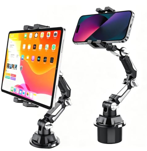 IDAMAKON Tablet Halterung Auto Getränkehalter Flexibel 2-in-1 Becherhalter PKW LKW iPad Autohalterung mit Verstellbarem Armständer für Tablet iPhone 4,7-11 Zoll,iPad Pro Air Mini,Fire,iPhone 16 15