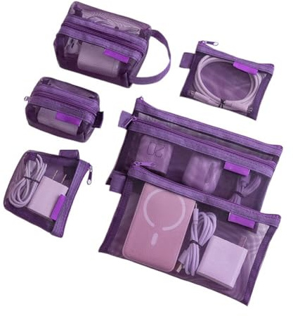 Juego de 6 bolsas de malla con cremallera - Bolsas de maquillaje organizadoras de viaje portátiles para cables, electrónica, cosméticos, monedas - Bolsas cosméticas compactas transparentes para