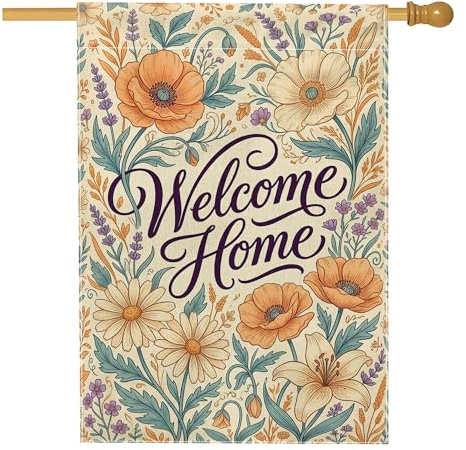 Drapeau de maison coquelicot, fleur de chrysanthème printanier, lys printanier, orange, double face, toile de jute pour extérieur, terrasse, pelouse, entrée, camping, 71,1 x 101,6 cm