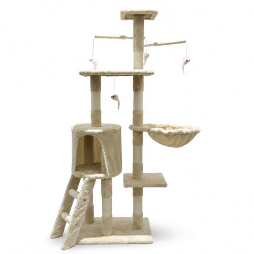 Árbol Rascador Gatos – Torre 4 Niveles con Caseta, Hamaca Cuna, Escalera, Postes Sisal, Juguetes Colgantes, Base 50×35cm, para Gatos Adultos