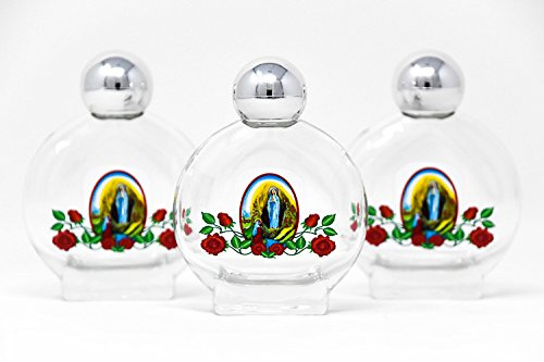 3 bunte Weihwasserflaschen aus Glas, gefüllt mit gesegnetem Lourdeswasser und Lourdes-Gebetskarte