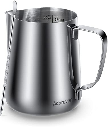 Milk Frothing Pitcher, 20oz Steaming Pitcher Stainless Steel Espresso Machine Accessories for Coffee Bar, Cappuccino Barista Tools Milk Jug Steamer Frother Cup with Decorating Latte Art Pen