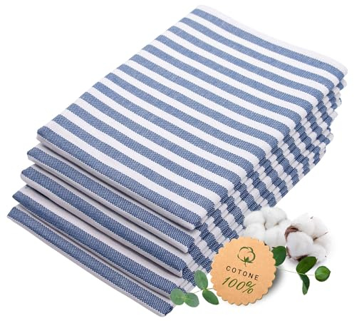 ZOLLNER 5 strofinacci in cotone 50x70 cm - canovacci assorbenti e lunga durata - lavabili a 60°C - a righe blu e bianche - Qualità gastronomica - certificato OEKO TEX (R)