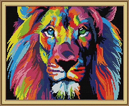 WOWDECOR Kreuzstich-Stickerei-Starter-Set, bunte Löwen-Tiere, 11-fädig, gestempelt, DIY DMC-Handarbeit, einfache Anfänger