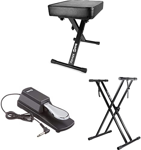 RockJam Xfinity Doublebraced Vormontierter hochverstellbarer Tastaturständer + Verstellbarer gepolsterter Tastaturständer + professioneller Pedalgriff für Digitale Klaviere