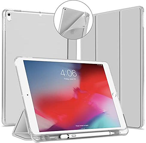 VAGHVEO Funda para iPad Air 3 2019 / Pro 10.5 2017 Cover con Soporte para Lápices, Protectora de Piel PU Smart Case [Auto Sueño/Estela], Flexible TPU Translúcido Parte Trasera Cubierta, Gris