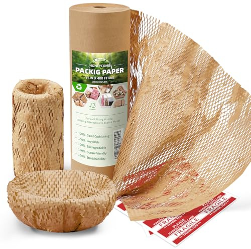 Honeycomb Packing Paper Wrap 15x400' Sustainable Alternative to Bubble Cushioning Wrap Packing paper for Moving/shipping/packing Roll with 20 Fragile Sticker Biodegradable & Fully Recylable
