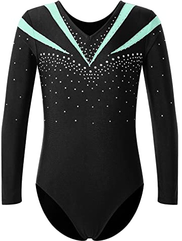 Alvivi Barn flickor, gymnastikdräkt, balettdräkt, långärmad dansbody med strass, balett, tröja, leotard, fitness, sport, träning, tävling, Ac ljusgrön C, 146/152 cm