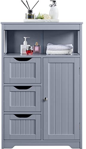 Yaheetech Bathroom Storage Units with Open Storage Shelf Free-standing Floor Cabinets Sideboard with 3 Drawers and 1 Door, Adjustable Shelf for Living Room Kitchen Entryway Gray