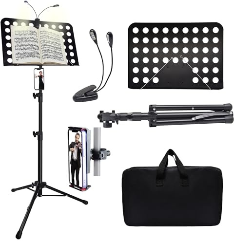 Sheet Music Stand with Light & Phone Holder, 57 Music Stand for Sheet Music High Stability, Height Adjustable Music Sheet Stand with Carrying Bag, Portable Music Book Holder (33-57inch)