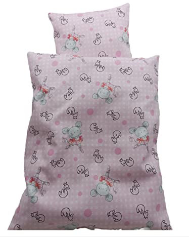 Puppenbettwäsche rosa mit süßen Mäusen für Puppenwagen, Puppenbuggy Größe Decke 42h x 33b, Kissen 18h x 22b in cm