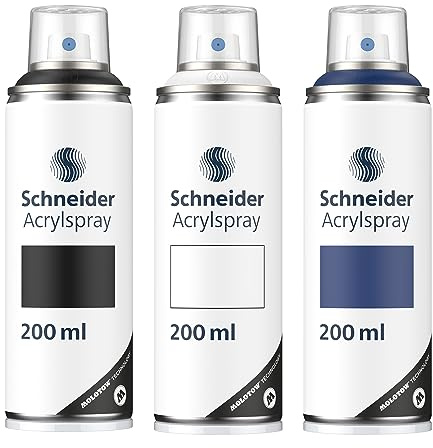 Schneider Paint-It 030 Supreme DIY Acryllack 3er Set (hochdeckende Sprühfarbe, UV-beständig, 200 ml, Acrylspray für fast alle Untergründe) schwarz/weiß/midnight blue