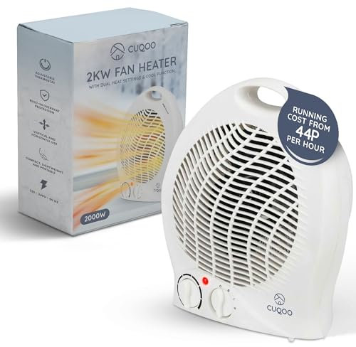CUQOO 2KW Fan Cooler and Heater - Variable Thermostat & 2 Heat Settings – Low Energy Usage 2-in-1 Portable Electric Quiet Heater and Cooler for Home - White (Package may vary)