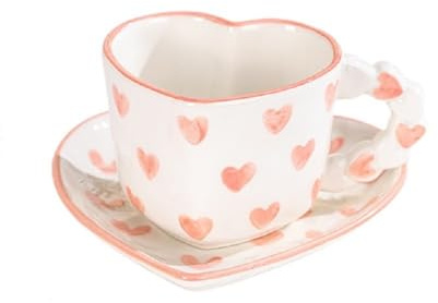 FülleMore Herz Form Kaffeetasse mit Untertasse Set Süße Herz Muster Espressotasse 250ml Cappuccino Tasse Nachmittagstasse Geschenk zum Weihnachten Geburtstag Valentinstag Jahrestag (Rosa)
