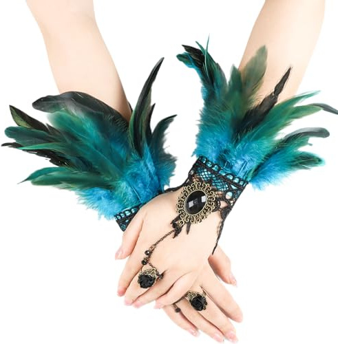 CAMDOM Damen Feder Spitze Lange Handschuhe Steampunk Retro Fingerlose Gothic Manschette Cosplay Kostüm Party Handschuhe