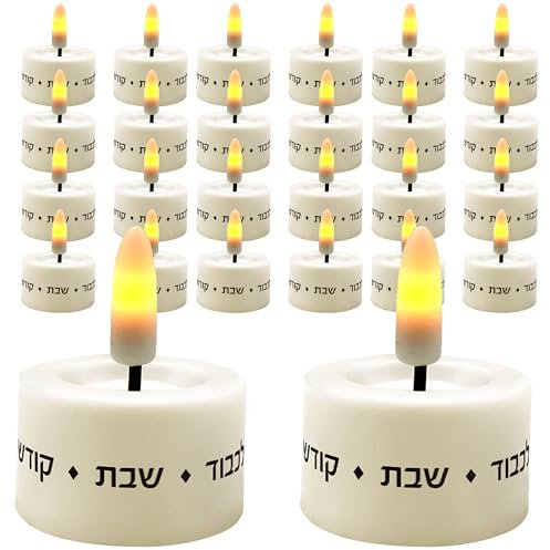 Zion Judaica Lot de 24 bougies chauffe-plat LED Shabbat en plastique avec ampoules vacillantes, sans fil, interrupteur marche/arrêt Blanc