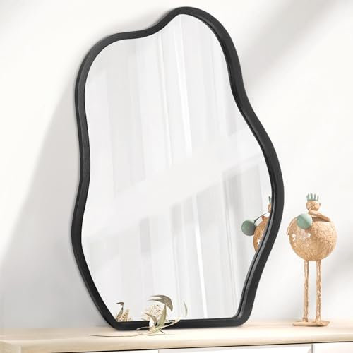 Lzuso Asymmetrical Wall Mirror With Wood Frame Irregular Modern Hanging Mirrors for Wall for Vanity Living Room Bedroom Bathroom Entryway Hallway Modern Unique Decorative Artistic