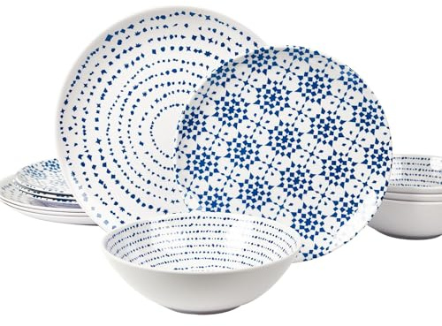 Melamine Dinnerware Set of 12 Pcs Dinner Dishes Set Bowls and Plates for Indoor and Outdoor with Unbreakable Non-breakable Lightweight Dining Tableware