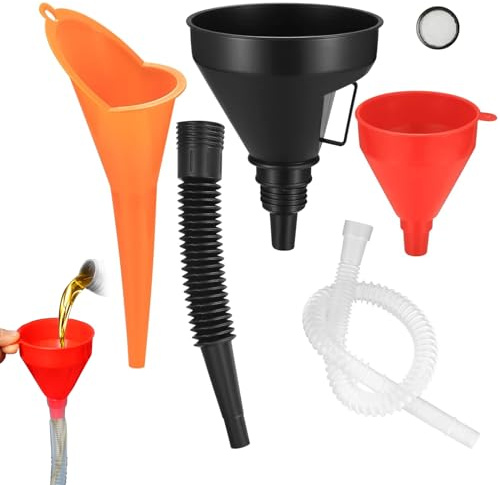 VireEyU Set de 6 Entonnoirs, Kit d'Entonnoirs de Remplissage en Plastique Flexible à Angle Droit, avec Tuyau et Filtre pour Vidange d'Huile, Kit d'Entonnoirs pour Automobile, Atelier et Maison