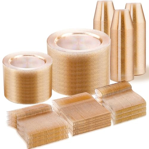 WELLIFE 600 PCS Gold Glitter Disposable Dinnerware Set for 100 Guests, Plastic Plates for Party, Including 100 Dinner Plates, 100 Salad Plates,Cups,Silverware Set for Wedding and Party Supplies