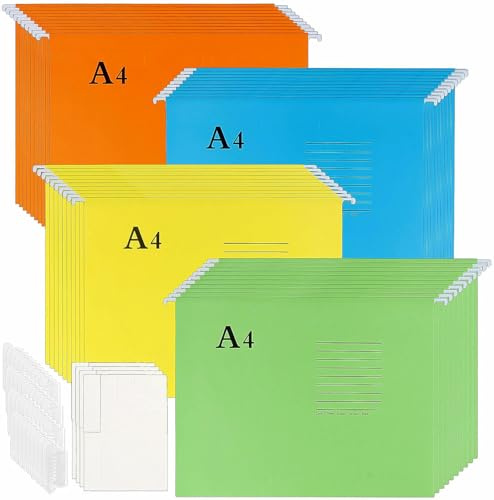 SINJEUN A4 Suspension Files, 40 PCS PP Filing Cabinet Hanging Files with Tabs and Card Inserts Hanging Filing Folders for Home, Office Organization, 4 Colors