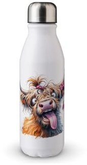 MAXIKIWI - Single Wall Water Drinking Bottle with Screw Cap, Non Insulated Lightweight Aluminium, BPA Free, Leak-Proof - Highland Cow Theme 2-500ml