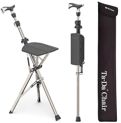 TA-Da Chair PRO - Gehstock mit Sitz, ultraleichter Aluminiumrahmen & robuster Klapphocker (bis zu 120 kg), zusammenklappbares Design, ideal für Reisen & Sightseeing, höhenverstellbar (schwarz)