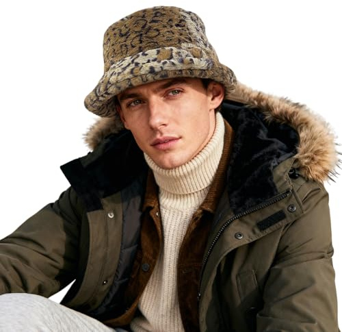 CLAPE Kunstfell Bucket Hat Leopardenmuster Winter Fischerhut Anglerhut | Faltbar,Warme,Winddicht,Weich,Wintermütze für Herren,Damen,Reisen,Alltag,Outdoor,kaltes Wetter