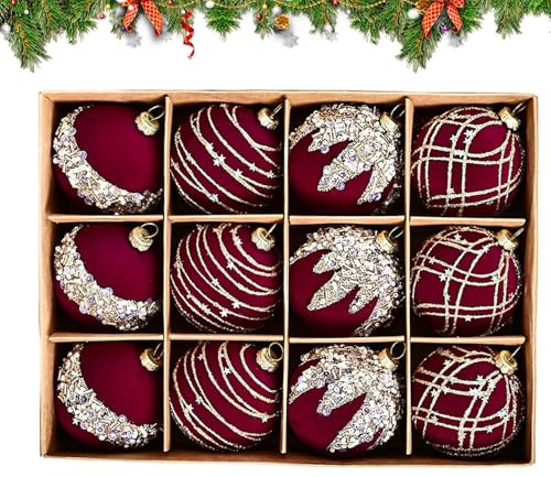 Vinröda julgranskulor, 12 st, röda sammetskulor, julgranskulor, flockade kulor, okrossbara julkulor, dekorationsset, glitterkulor till julgran, dekoration, hänge