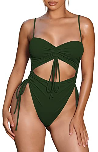 Pink Queen Damen Hoch Geschnitten Einteiliger Badeanzug Trägern Geraffter Frecher Shape Monokini Kordelzug Armeegrün L